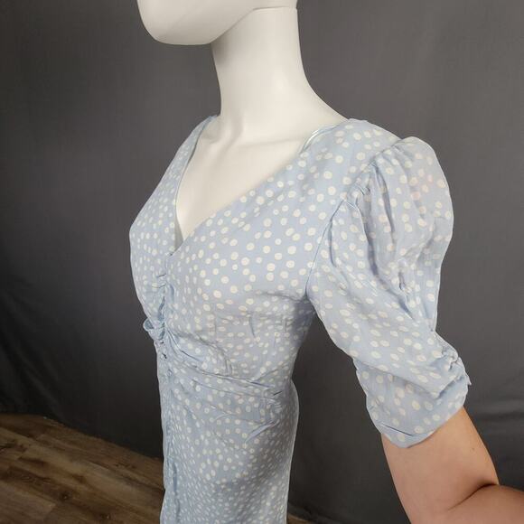 ZARA Mini Dress M Polka Dot Puff Sleeve Ruched Front Picnic Style - Picture 2 of 7